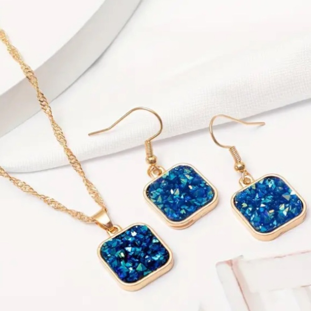 Dazzling Blue Druzy Gold Toned Necklace & Earrings Set - Picture 2 of 2